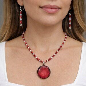 Hand Crafted Magenta Cabochon Pendant Necklace Earrings  Fluid Art Beaded set